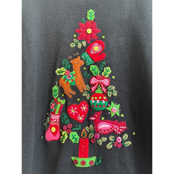 Quaker Factory Black Sweater with Embroidered Christmas Tree Novelty Detail - Picture 3 of 10